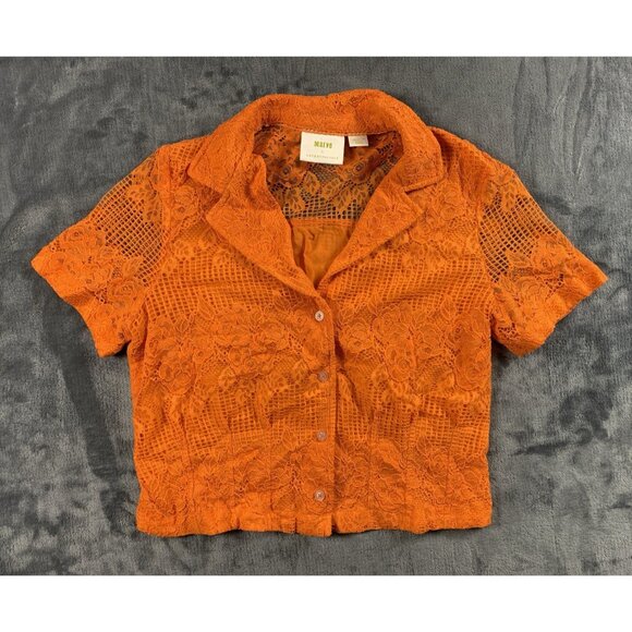 Maeve Anthropologie Lace Button Down Top Short Sleeve Orange Size Medium - Picture 3 of 8
